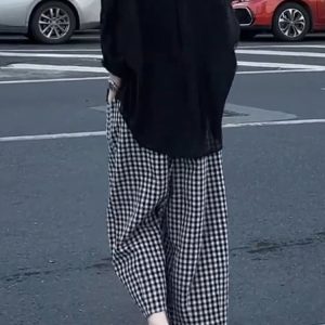 Plus Size Black and White Checkered Wide-Leg Pants for Women - Loose High-Waisted Trousers for Petite Sizes, 2025 Trend