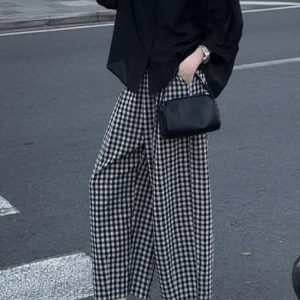 Plus Size Black and White Checkered Wide-Leg Pants for Women - Loose High-Waisted Trousers for Petite Sizes, 2025 Trend