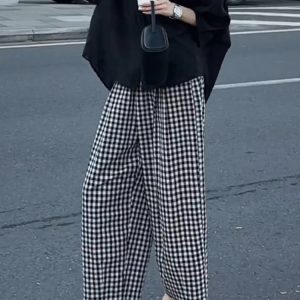 Plus Size Black and White Checkered Wide-Leg Pants for Women - Loose High-Waisted Trousers for Petite Sizes, 2025 Trend