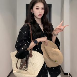 Plus-Size Black Polka Dot Long Sleeve Top with Lantern Sleeves - Minimalist Linen Spring Shirt for Curvy Women