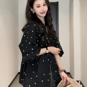 Plus-Size Black Polka Dot Long Sleeve Top with Lantern Sleeves - Minimalist Linen Spring Shirt for Curvy Women