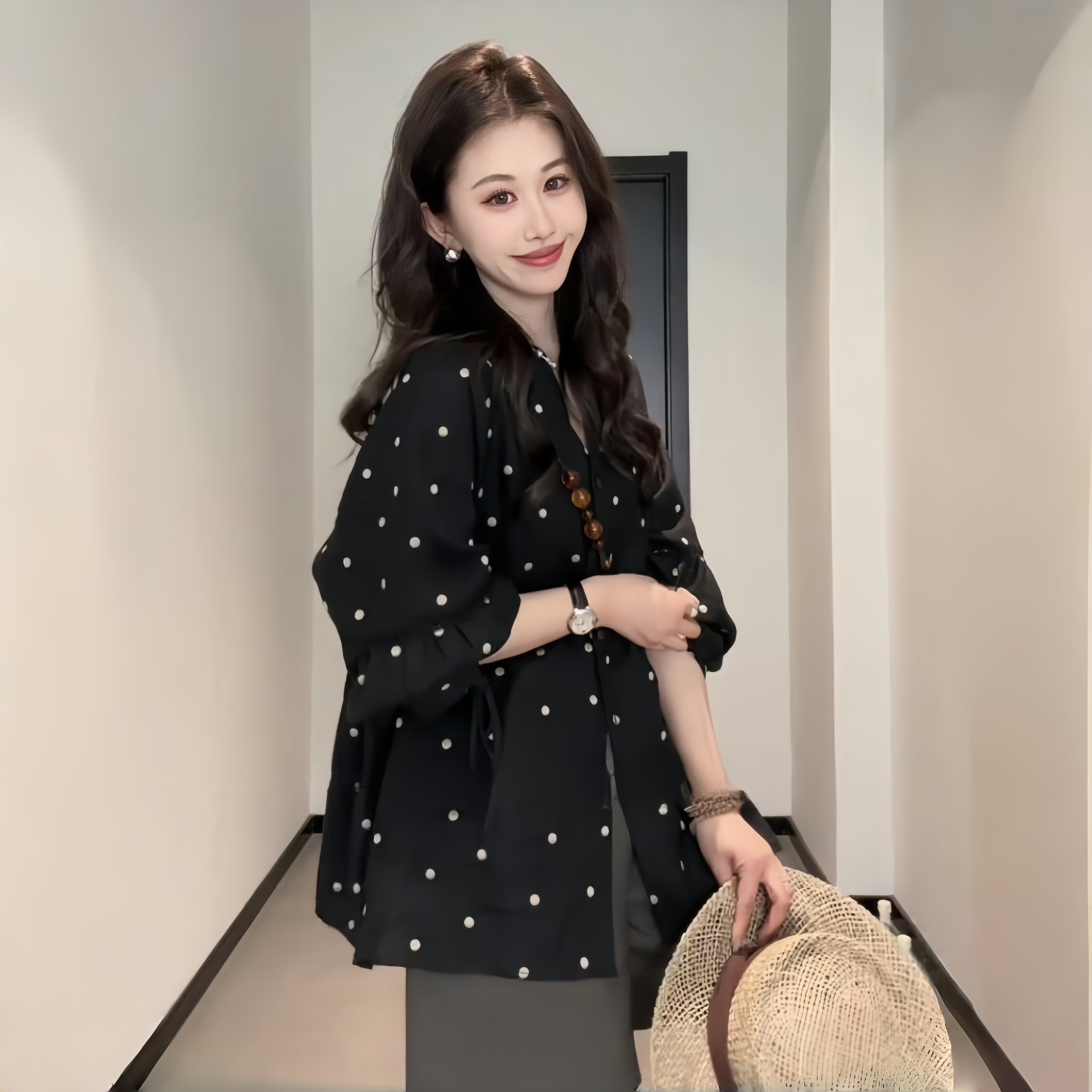 Plus-Size Black Polka Dot Long Sleeve Top with Lantern Sleeves - Minimalist Linen Spring Shirt for Curvy Women