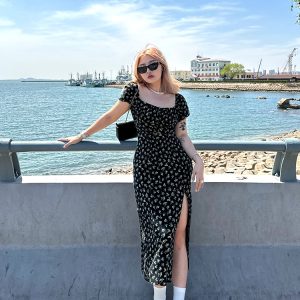 Plus Size Black Printed High Slit Dress - Sexy Summer Tea Party Style for Hot Girls, Trendy Y2K Fashion