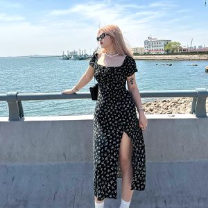 Plus Size Black Printed High Slit Dress - Sexy Summer Tea Party Style for Hot Girls, Trendy Y2K Fashion