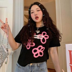 Plus Size Black Short-Sleeve T-Shirt for Women - 2025 Spring/Summer Shoulder-Detail Base Top, Casual Fashion Essential