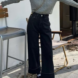 Plus Size Black Straight-Leg Jeans for Women, 2025 New Style, Loose Nine-Point Wide-Leg Pants for Pear-Shaped Figures