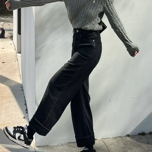 Plus Size Black Straight-Leg Jeans for Women, 2025 New Style, Loose Nine-Point Wide-Leg Pants for Pear-Shaped Figures