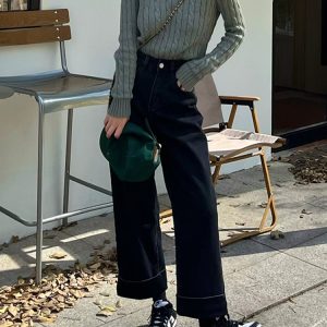 Plus Size Black Straight-Leg Jeans for Women, 2025 New Style, Loose Nine-Point Wide-Leg Pants for Pear-Shaped Figures