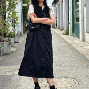 Plus Size Black Waist-Cinching Work Vest Dress for Women, Flattering Summer Strap Dress for Curvy Figures