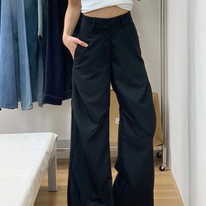Plus Size Black Wide-Leg Trousers for Women - High-Waisted, Loose Fit, Casual Pleated Pants for Summer 2025