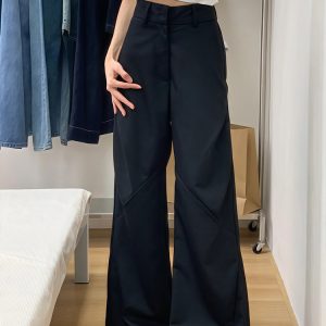 Plus Size Black Wide-Leg Trousers for Women - High-Waisted, Loose Fit, Casual Pleated Pants for Summer 2025