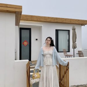 Plus Size Blue Plaid Bubble Cotton Camisole - Retro Korean Style Summer Top for Slightly Chubby Girls