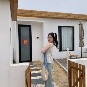 Plus Size Blue Plaid Bubble Cotton Camisole - Retro Korean Style Summer Top for Slightly Chubby Girls