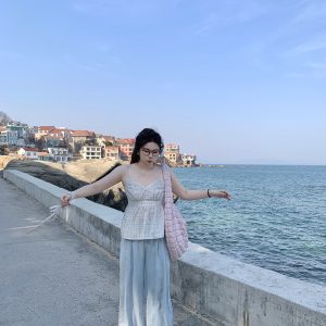 Plus Size Blue Plaid Bubble Cotton Camisole - Retro Korean Style Summer Top for Slightly Chubby Girls