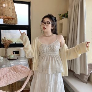 Plus Size Blue Plaid Bubble Cotton Camisole - Retro Korean Style Summer Top for Slightly Chubby Girls