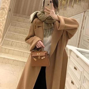 Plus-Size Camel Cashmere Coat for Women, Mid-Length Double-Sided Wool Outerwear, 2024 Autumn Winter Hepburn Style