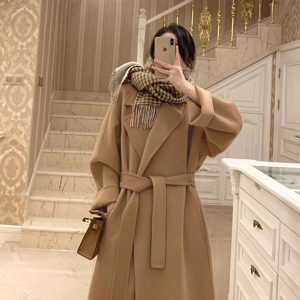 Plus-Size Camel Cashmere Coat for Women, Mid-Length Double-Sided Wool Outerwear, 2024 Autumn Winter Hepburn Style