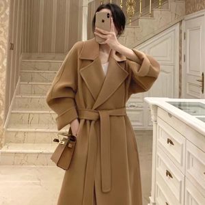 Plus-Size Camel Cashmere Coat for Women, Mid-Length Double-Sided Wool Outerwear, 2024 Autumn Winter Hepburn Style