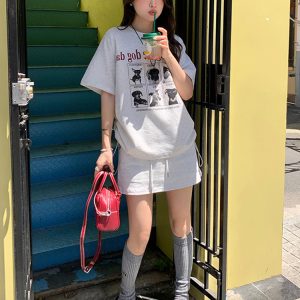 Plus-Size Cartoon Print Drawstring Short-Sleeve T-Shirt and High-Waisted Skirt Two-Piece Set - Trendy Summer Outfit for Women