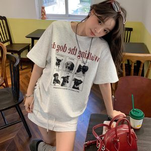 Plus-Size Cartoon Print Drawstring Short-Sleeve T-Shirt and High-Waisted Skirt Two-Piece Set - Trendy Summer Outfit for Women