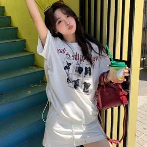 Plus-Size Cartoon Print Drawstring Short-Sleeve T-Shirt and High-Waisted Skirt Two-Piece Set - Trendy Summer Outfit for Women