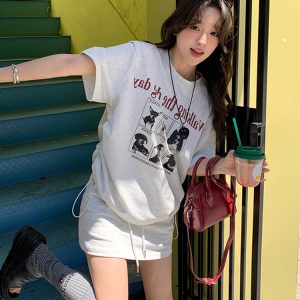 Plus-Size Cartoon Print Drawstring Short-Sleeve T-Shirt and High-Waisted Skirt Two-Piece Set - Trendy Summer Outfit for Women