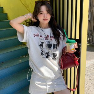 Plus-Size Cartoon Print Drawstring Short-Sleeve T-Shirt and High-Waisted Skirt Two-Piece Set - Trendy Summer Outfit for Women