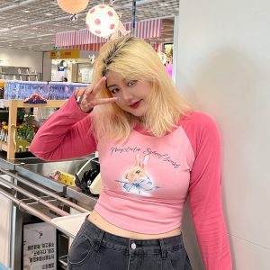 Plus Size Cartoon Print Long Sleeve Crop T-Shirt - Slim Fit Trendy Top for Hot Girls - Y2K Style