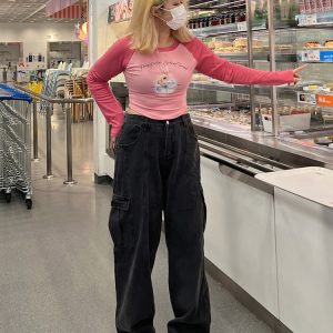 Plus Size Cartoon Print Long Sleeve Crop T-Shirt - Slim Fit Trendy Top for Hot Girls - Y2K Style