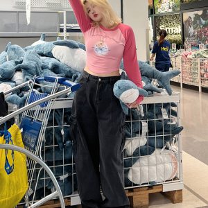 Plus Size Cartoon Print Long Sleeve Crop T-Shirt - Slim Fit Trendy Top for Hot Girls - Y2K Style