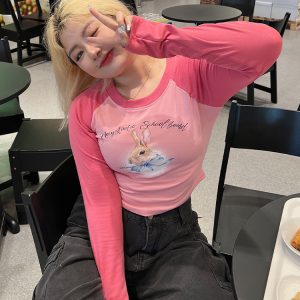 Plus Size Cartoon Print Long Sleeve Crop T-Shirt - Slim Fit Trendy Top for Hot Girls - Y2K Style