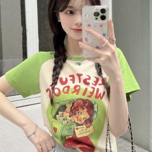 Plus Size Cartoon Printed Short Sleeve T-Shirt for Women - Summer American Sweet and Spicy Style, Loose Fit, Belly Covering, Age-Reducing Top