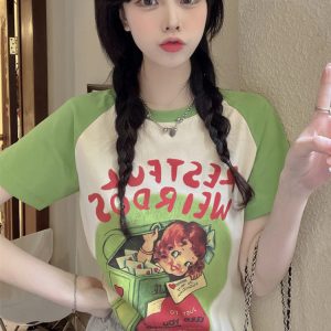 Plus Size Cartoon Printed Short Sleeve T-Shirt for Women - Summer American Sweet and Spicy Style, Loose Fit, Belly Covering, Age-Reducing Top