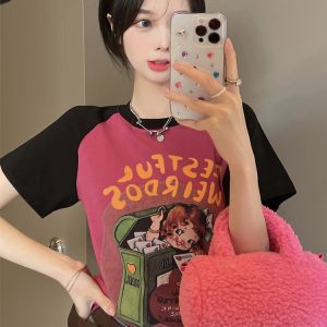 Plus Size Cartoon Printed Short Sleeve T-Shirt for Women - Summer American Sweet and Spicy Style, Loose Fit, Belly Covering, Age-Reducing Top