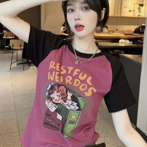 Plus Size Cartoon Printed Short Sleeve T-Shirt for Women - Summer American Sweet and Spicy Style, Loose Fit, Belly Covering, Age-Reducing Top