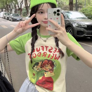 Plus Size Cartoon Printed Short Sleeve T-Shirt for Women - Summer American Sweet and Spicy Style, Loose Fit, Belly Covering, Age-Reducing Top