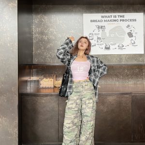 Plus Size Casual American Camouflage Wide-Leg Pants with Elastic Waist and Drawstring - Trendy Autumn Loose Cuffed Trousers