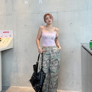 Plus Size Casual American Camouflage Wide-Leg Pants with Elastic Waist and Drawstring - Trendy Autumn Loose Cuffed Trousers