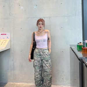 Plus Size Casual American Camouflage Wide-Leg Pants with Elastic Waist and Drawstring - Trendy Autumn Loose Cuffed Trousers