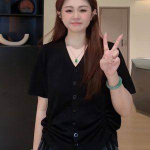 Plus Size Casual Loose Summer T-Shirt for Women, Slimming Drawstring Pleated V-Neck, Short Sleeve, Comfortable and Stylish Top