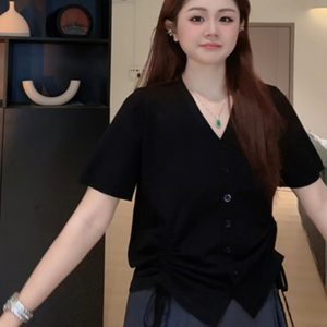 Plus Size Casual Loose Summer T-Shirt for Women, Slimming Drawstring Pleated V-Neck, Short Sleeve, Comfortable and Stylish Top