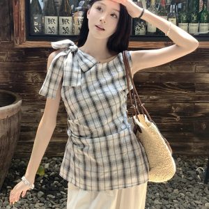 Plus Size Checkered Sleeveless Shirt for Women - Summer French Style Tie-Up Top, Slim Fit, Perfect for Casual Outings and Y2K Fashion