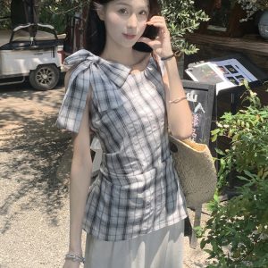 Plus Size Checkered Sleeveless Shirt for Women - Summer French Style Tie-Up Top, Slim Fit, Perfect for Casual Outings and Y2K Fashion