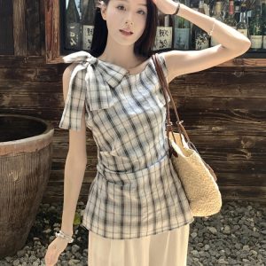 Plus Size Checkered Sleeveless Shirt for Women - Summer French Style Tie-Up Top, Slim Fit, Perfect for Casual Outings and Y2K Fashion