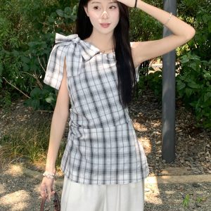 Plus Size Checkered Sleeveless Shirt for Women - Summer French Style Tie-Up Top, Slim Fit, Perfect for Casual Outings and Y2K Fashion