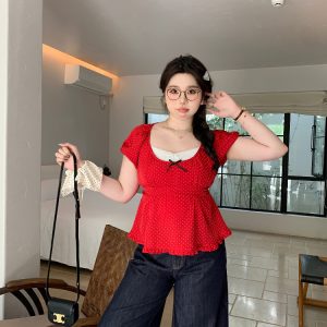 Plus Size Chiffon Blouse for Young Girls - Red Polka Dot Short Sleeve Wave Edge Pullover Shirt