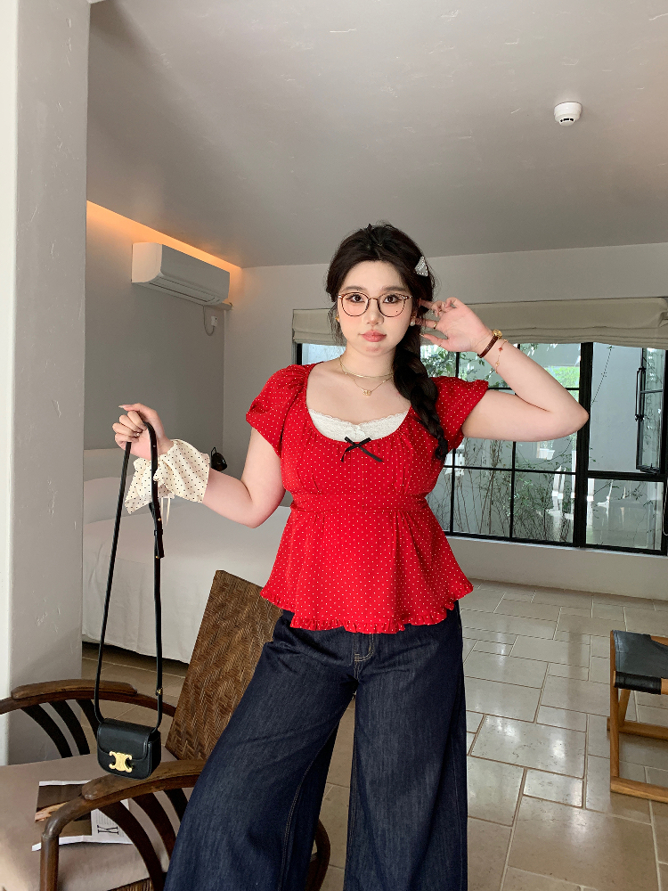Plus Size Chiffon Blouse for Young Girls - Red Polka Dot Short Sleeve Wave Edge Pullover Shirt Plus Size Chiffon Blouse for Young Girls - Red Polka Dot Short Sleeve Wave Edge Pullover Shirt