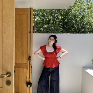 Plus Size Chiffon Blouse for Young Girls - Red Polka Dot Short Sleeve Wave Edge Pullover Shirt