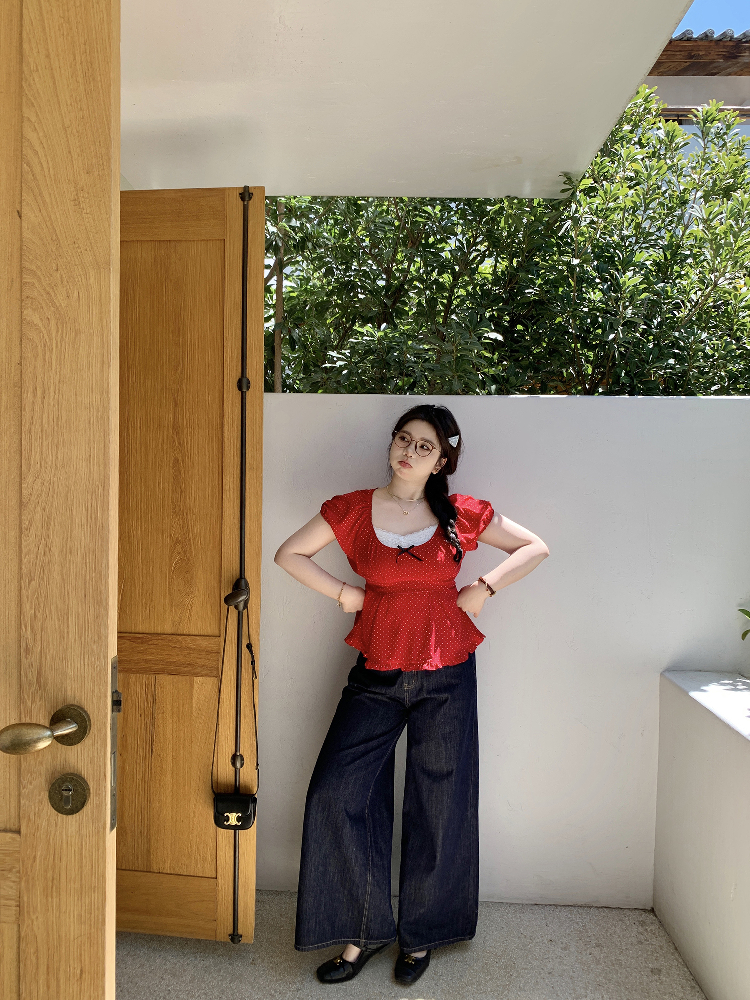 Plus Size Chiffon Blouse for Young Girls - Red Polka Dot Short Sleeve Wave Edge Pullover Shirt Plus Size Chiffon Blouse for Young Girls - Red Polka Dot Short Sleeve Wave Edge Pullover Shirt