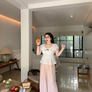 Plus Size Chiffon Blouse for Young Girls - Red Polka Dot Short Sleeve Wave Edge Pullover Shirt